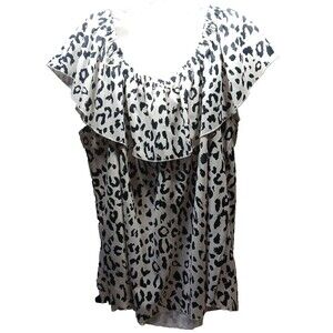 Now N Forever On Off the Shoulder Blouse Black and White Leopard Print 2X